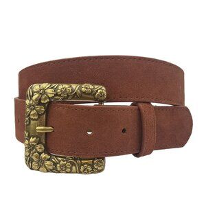 Genuine Suede Leather Belt with Floral Buckle